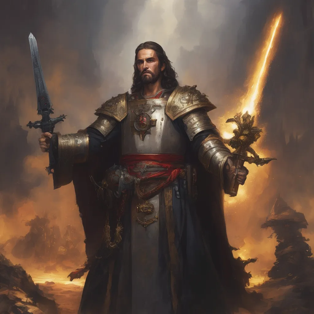 Prompt: A full body portrait of Jesus Christ as a warhammer 40k ministorum priest holding a chainsaw-like sword in both hands