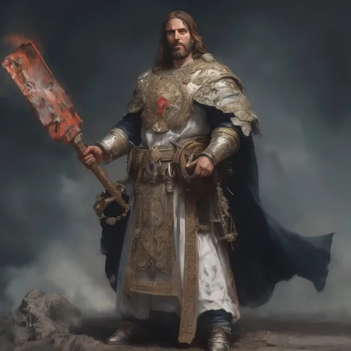 Prompt: A full body portrait of Jesus Christ as a warhammer 40k ministorum priest holding a chainsaw-like sword in both hands