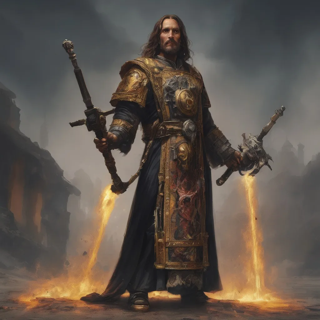 Prompt: A full body portrait of Jesus Christ as a warhammer 40k ministorum priest holding a chainsaw-like sword in both hands