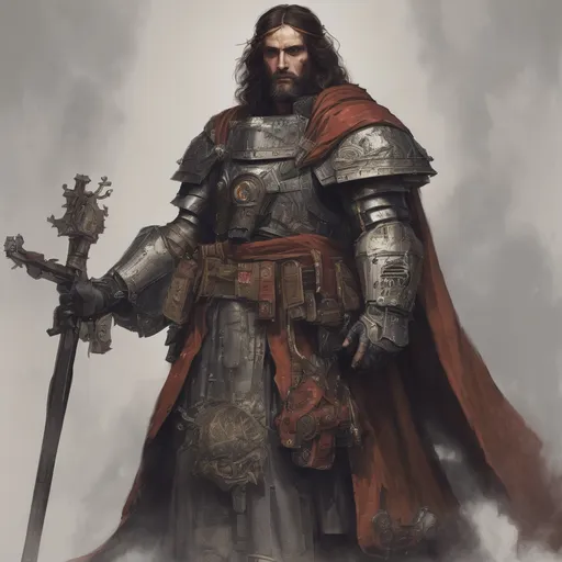 Prompt: A full body portrait of Jesus Christ as a warhammer 40k ministorum priest holding a chainsaw-like sword in both hands