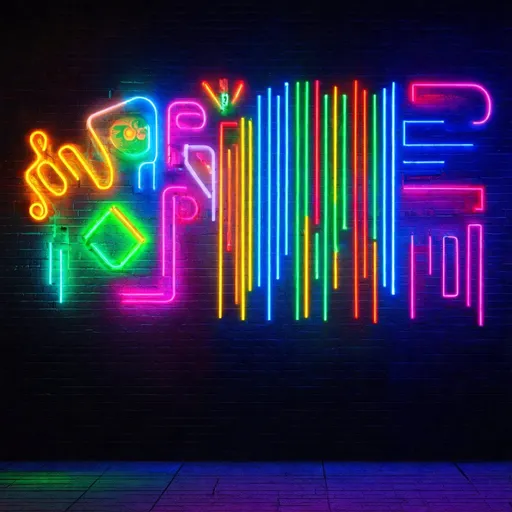 Prompt: Neon-lit black wall covered in colorful LED signs, 20 signs, vibrant neon lights, high intensity, 4k ultra-detailed, cyberpunk, futuristic, colorful, urban, intense lighting, neon strips, professional