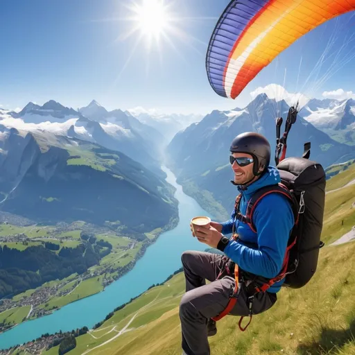 Prompt: Man paragliding in the Swiss Alps, sipping coffee, breathtaking mountain scenery, high quality, realistic, serene, detailed facial features, vibrant colors, dynamic composition, alpine landscape, leisurely adventure, refreshing, natural lighting