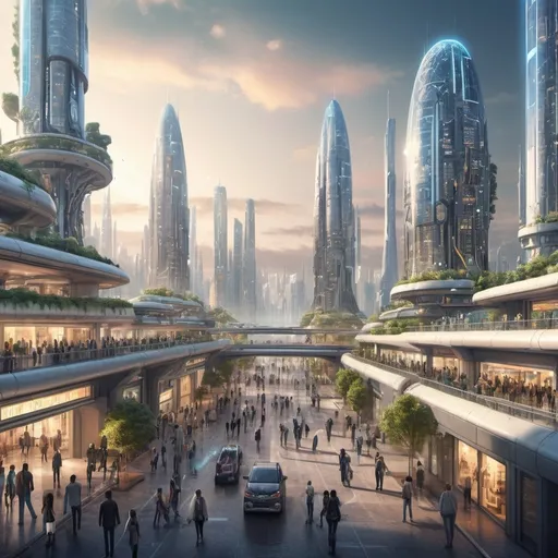 Prompt: Photorealistic, optimistic future scenario of humans coexisting with artificial intelligence, advanced technology, peaceful cityscape, vibrant and hopeful atmosphere, high quality, detailed, futuristic, coexistence, AI, human interaction, technologically advanced, photorealistic, peaceful, vibrant, hopeful, cityscape, high-tech, advanced technology, professional, detailed lighting