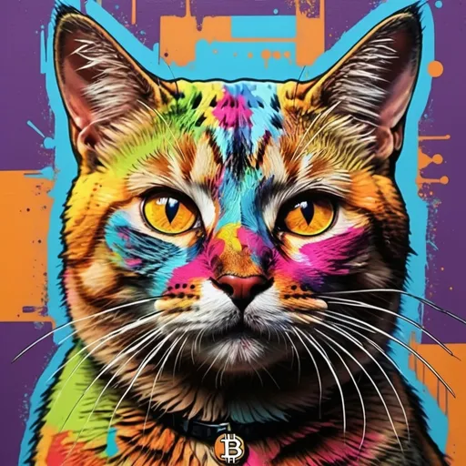 Prompt: Crypto Pop art vibrant color street art of cat back with but bitcoin face

