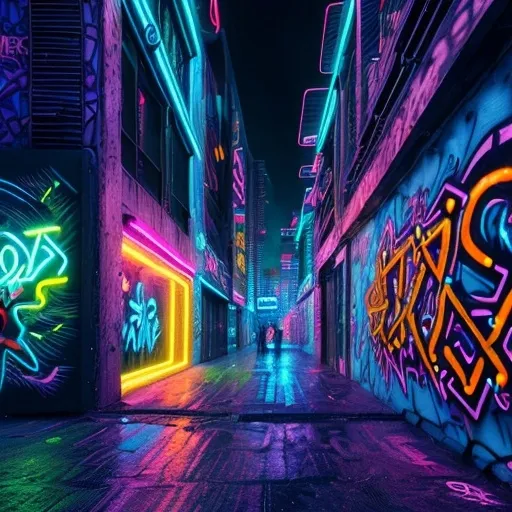 Prompt: (street art vibe city), vibrant colors, 4k contrast, blockchain couture, ultra-detailed, modern, high energy atmosphere, neon lighting, highly saturated tones, dynamic composition, urban background with murals and graffiti, futuristic elements, cool tones, intricate patterns, nighttime setting, cinematic depth into crypto Btc 