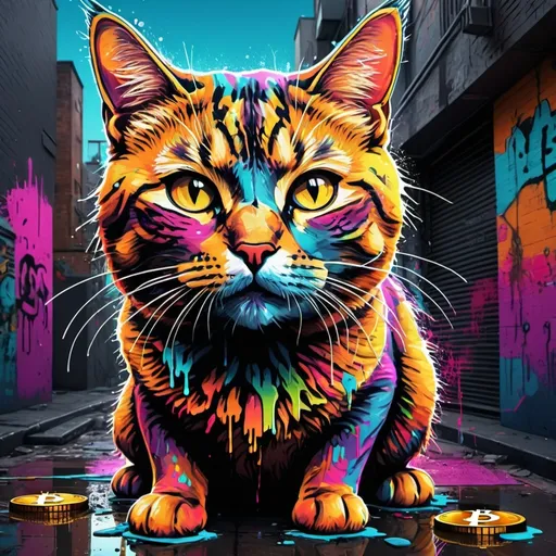 Prompt: Bitcoin currency (street art of cat), dripping colors, vibrant tones, urban graffiti style, neon accents, energetic atmosphere, modern city background with urban elements, artistic and rebellious vibe, (highly detailed), high contrast, dynamic composition, digital art, ultra-realistic textures, (4K resolution).