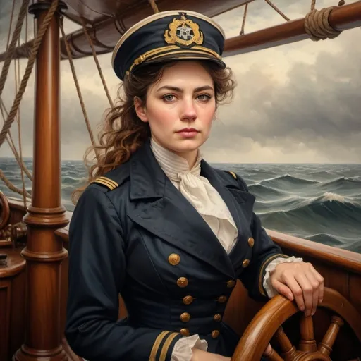 Prompt: Victorian-era woman naval officer, aboard sailing ship, stormy sea, vintage oil painting, detailed historical attire, high quality, realistic, warm tones, soft lighting