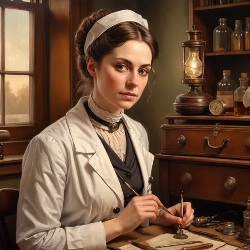 Prompt: Victorian-era woman doctor, vintage oil painting, detailed medical tools, historical attire, high quality, realistic, warm tones, soft lighting