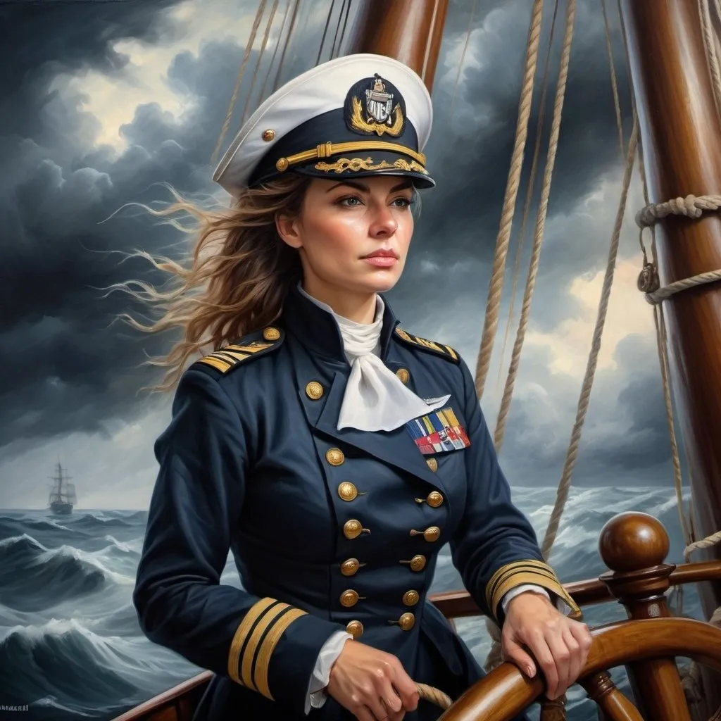 Prompt: Detailed painting of a woman naval officer on a sailing ship, oil painting, swirling stormy sea, billowing sails, realistic portrait, high quality, historical, dramatic lighting, naval uniform, stormy seascape, focused expression, traditional art, realistic details, professional, atmospheric lighting