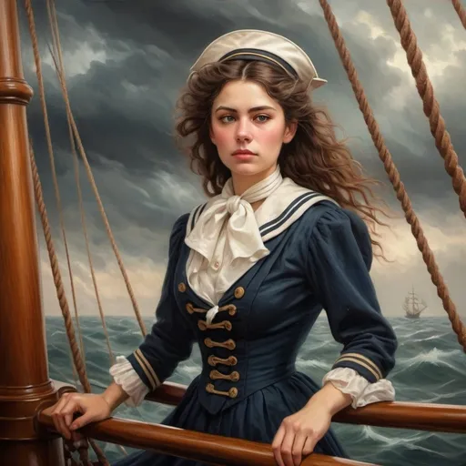 Prompt: Victorian-era woman sailor, aboard sailing ship, stormy sea, vintage oil painting, detailed historical attire, high quality, realistic, warm tones, soft lighting