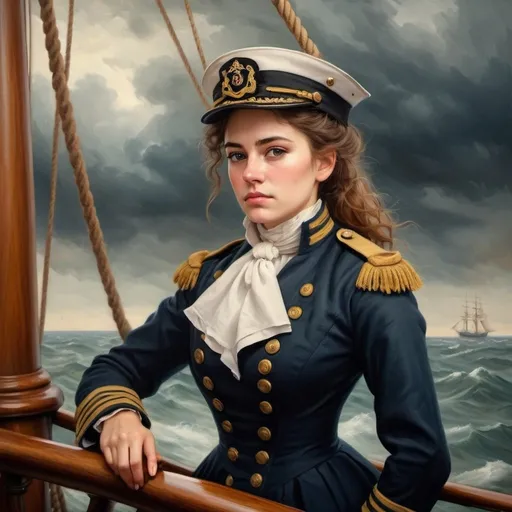 Prompt: Victorian-era woman naval midshipman, aboard sailing ship, stormy sea, vintage oil painting, detailed historical attire, high quality, realistic, warm tones, soft lighting