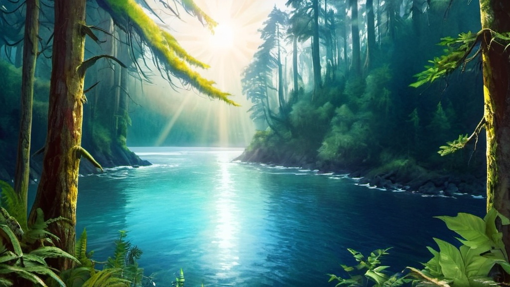 Prompt: A background of temperate rainforest with sun shining through the trees. Sunlight streams through the leaves. A calm ocean water body is in the foreground, surrounded by the lush greenery of a temperate rainforest. The ocean water in front is clear blue with no stones.