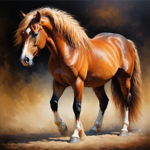 Prompt: Horse named So You Think, oil painting, powerful stance, rich textures, majestic mane and tail, vibrant colors, high quality, realistic, warm tones, natural lighting