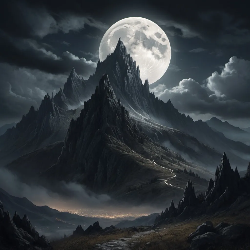 Prompt: a mountain with a full moon in the background and clouds in the foreground, with a dark sky and clouds in the foreground, Aya Goda, gothic art, mountains, a detailed matte painting