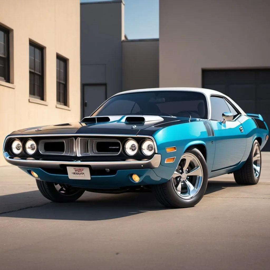 Prompt: Create a new 2024 concept car of the 1970 Plymouth Cuda car mixed with the 2023 Dodge Challenger. Blend Retro styling with modern car styling.