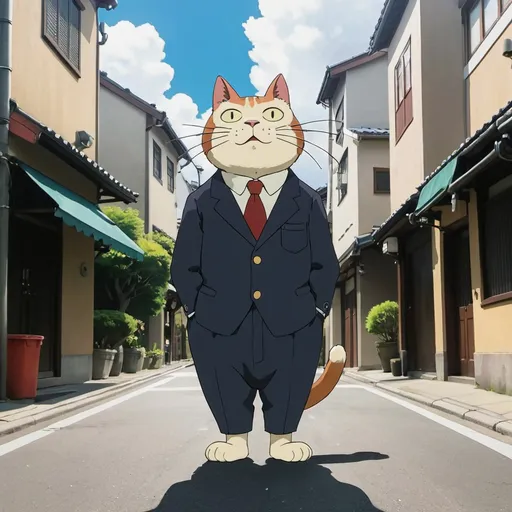 Prompt: Studio Ghibli Mr. Cat standing in a street
