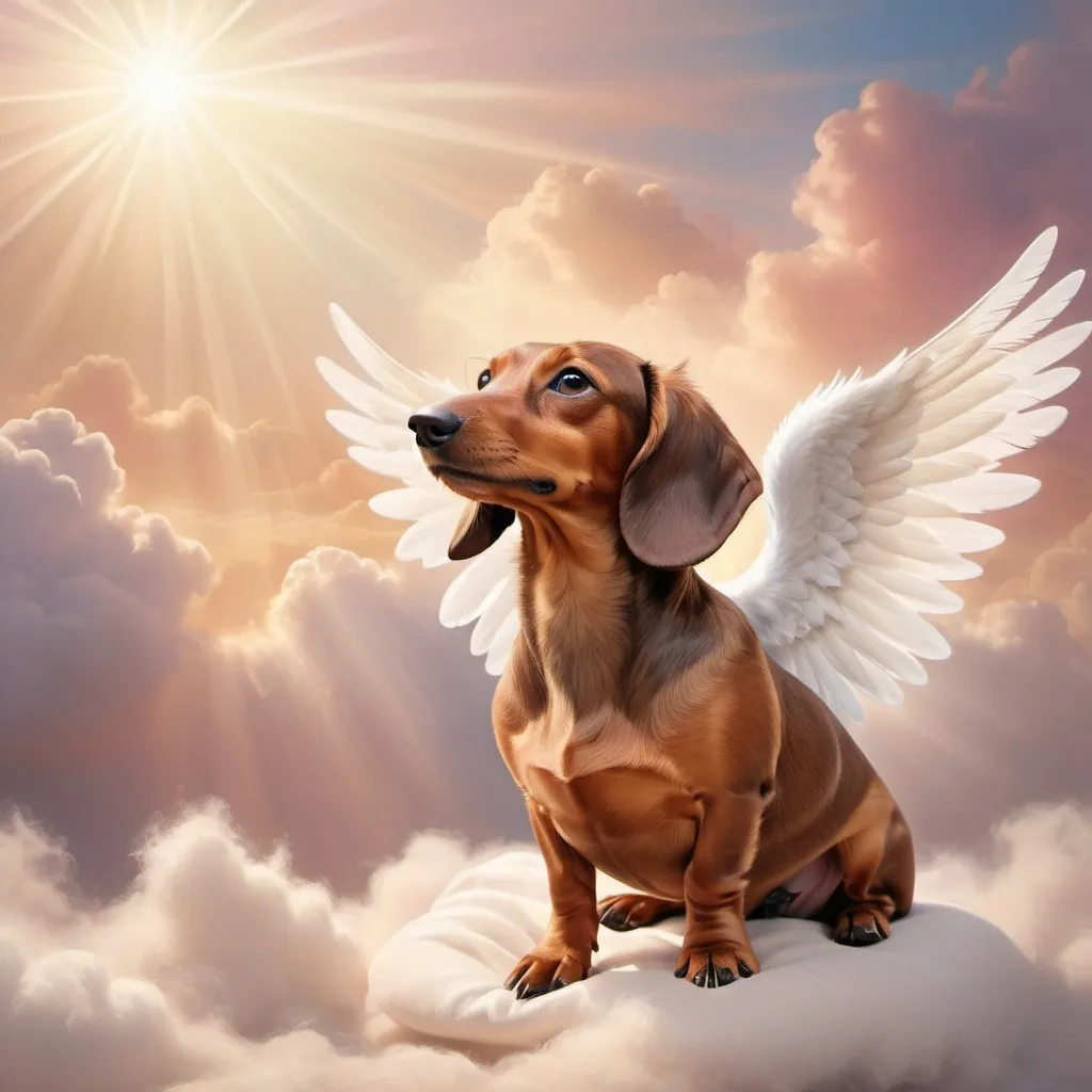 Prompt: a brown wiener dog being carried by an angel

