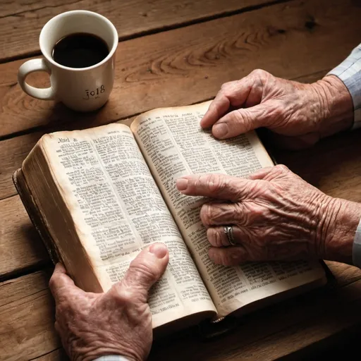 Prompt: a bible is being held by two wrinkled old hands as its opened up to john 3:16 over hardwood table 