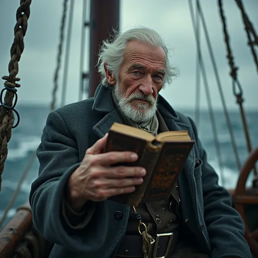 Prompt: an old sea captain on a ship in a roaring storm holding a tattered old bible with the words "holy bible" on the front
