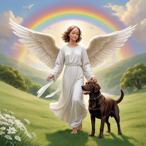 Prompt: A loving angel dressed in white carrying a brown chocolate colored lab across the rainbow bridge to a valley of green grass in a land called heaven