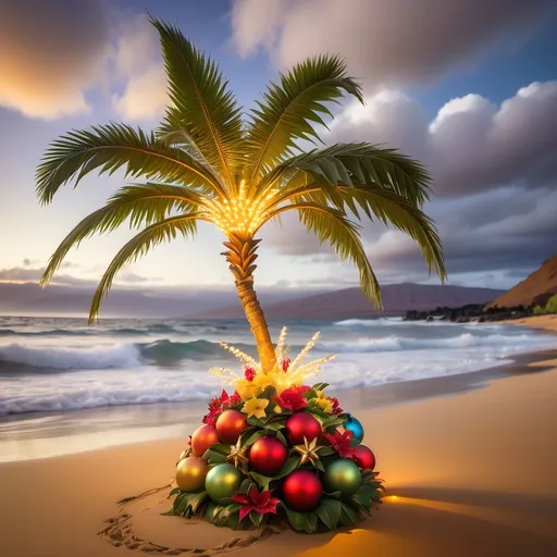 Prompt: A short palm tree with christmas balls and lights on it  on the island of maui with golden sands and tall waves and colorfull tropical flowers in the foreground 