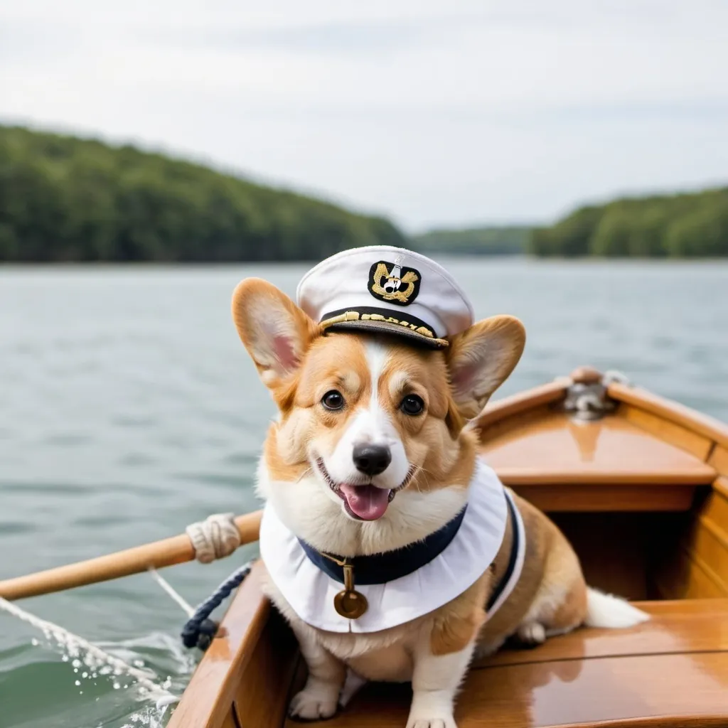 Prompt: a corgi wearing a white sailor hat sailing a row boat 
