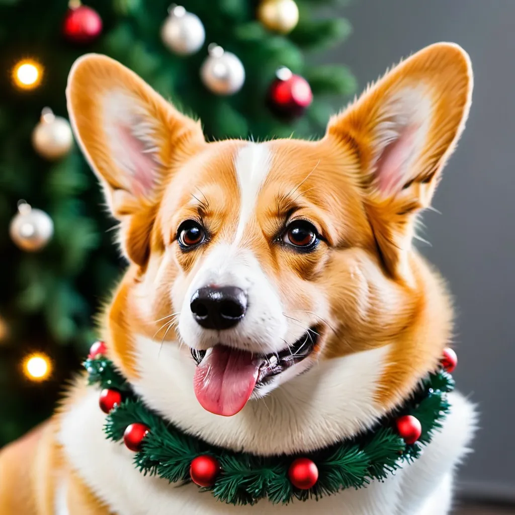 Prompt: A corgi with a christmas wreath around his neck