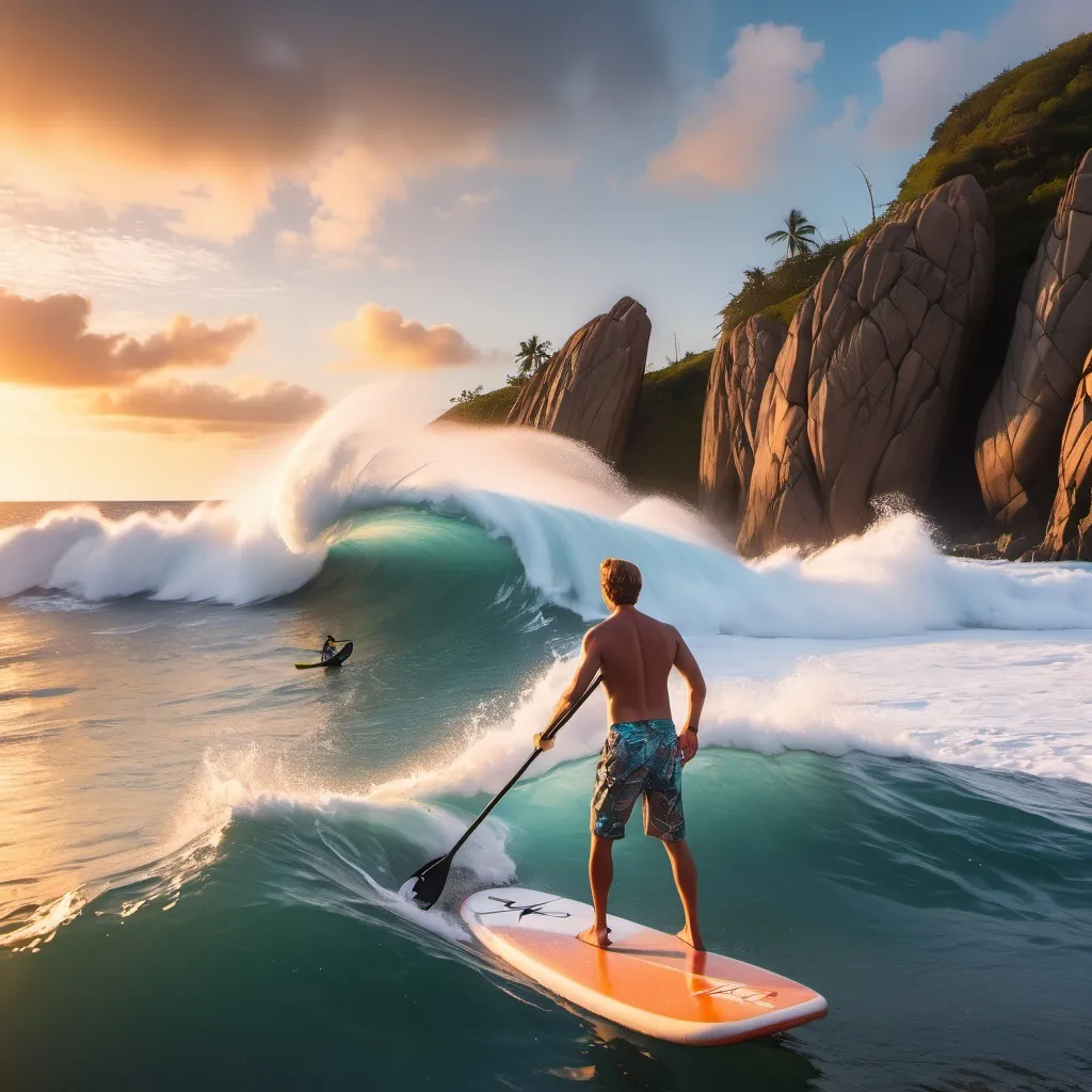 Prompt: A young man paddleboarding on beautiful ocean with giant waves crashing over huge boulders at sunset