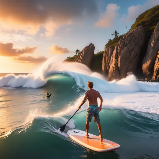 Prompt: A young man paddleboarding on beautiful ocean with giant waves crashing over huge boulders at sunset