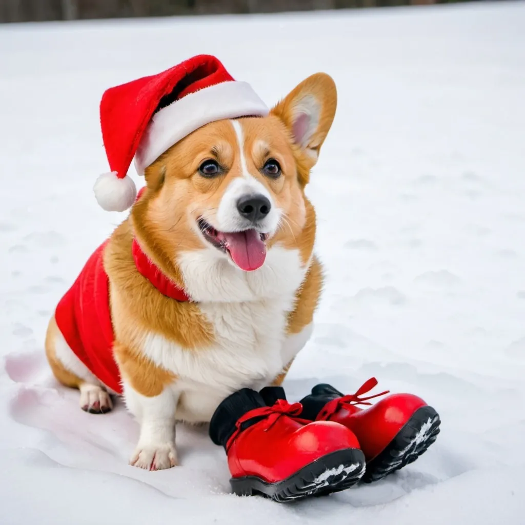 Prompt: a corgi sitting in the snow with a red santa hat a bright red boot