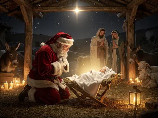 Prompt: Santa kneeling before baby Jesus 