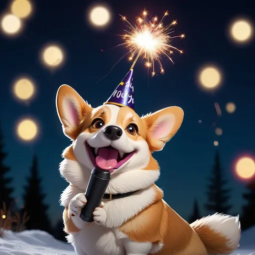 Prompt: a corgi wearing a party that that says happy new year and holding a sparkler on a moonlit night