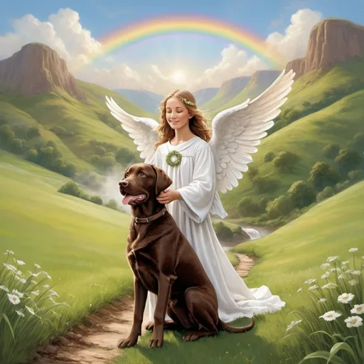 Prompt: A loving angel dressed in white carrying a brown chocolate colored lab over a rainbow bridge to a valley of green grass in a land called heaven