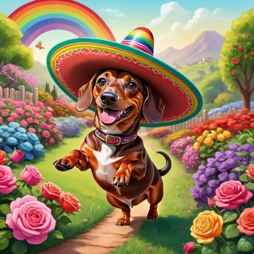 Prompt: a brown wiener dog in a giant sombrero dancing in a flower garden full of roses with green grassy hills all around and a rainbow bridge
