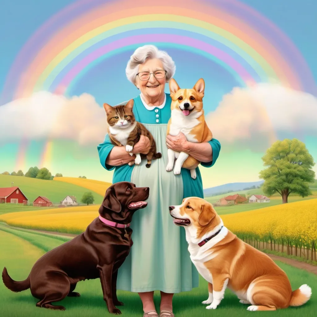 Prompt: a grandma angel holding two tabby cats  in her arms and a big chocolate lab dog  at her feet on one side and a golden corgi on the other as they stand in fields of green and a huge rainbow behind her