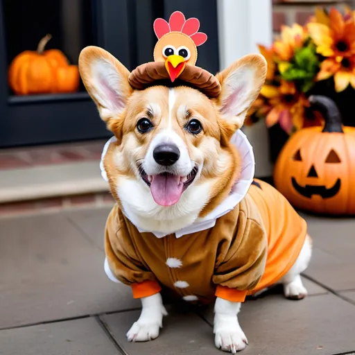 Prompt: a corgi dressed up in a turkey holloween costume