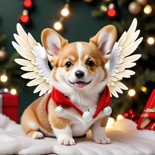 Prompt: Christmas in heaven with a small corgi puppy with wings
