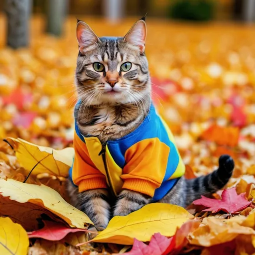 Prompt: a tabby cat sitting on a big pile of brightly colored autumn leaves