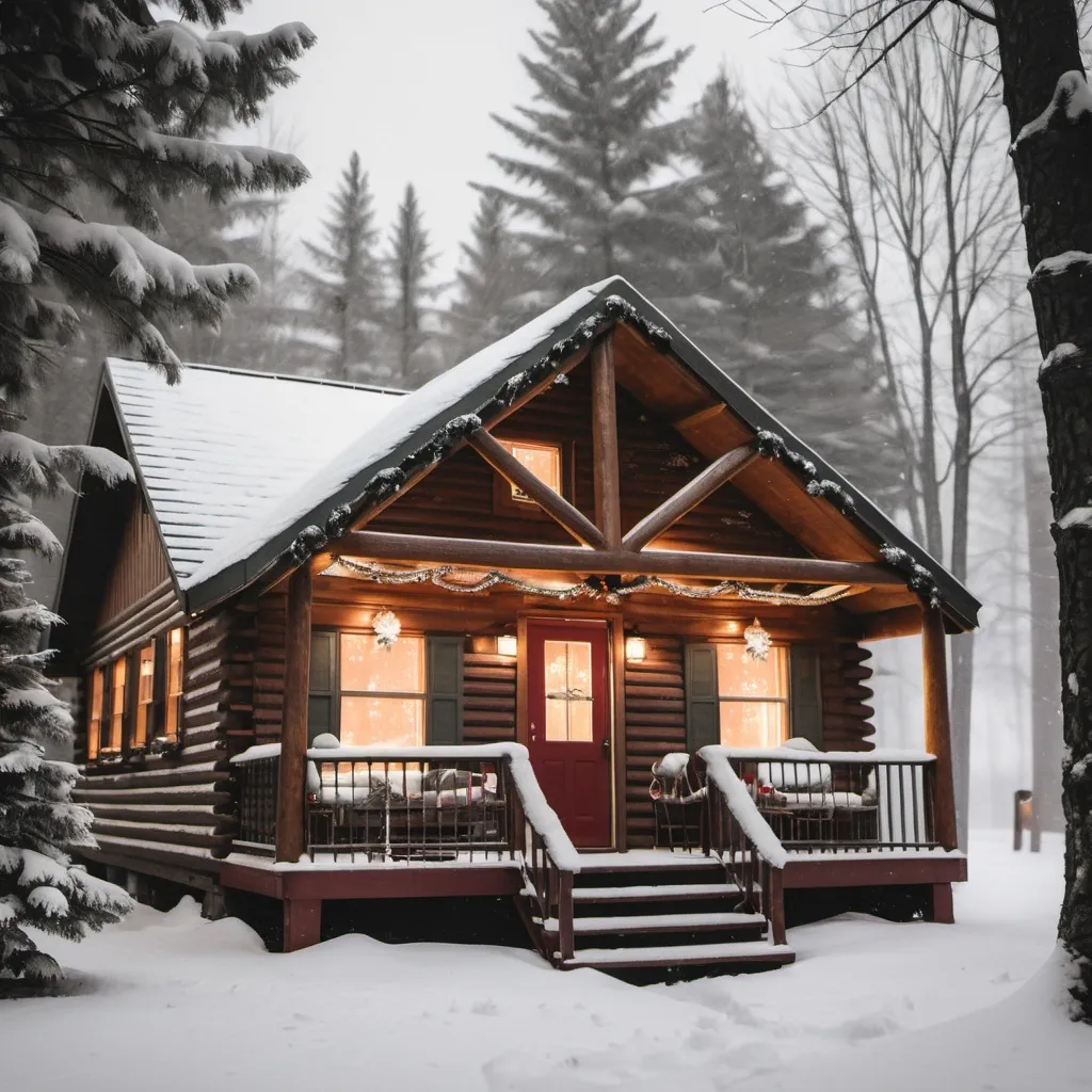 Prompt: a cabin decorated for christmas with a blizzard outside