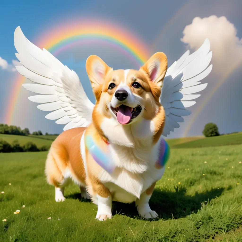 Prompt: a golden corgi with white wings in heaven with fields of green all around him and a rainbow behind him