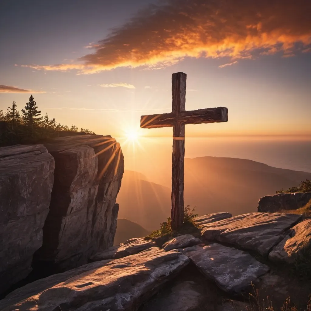 Prompt: a rugged wooden cross on top of a cliff with a brilliant sunrise behind it
