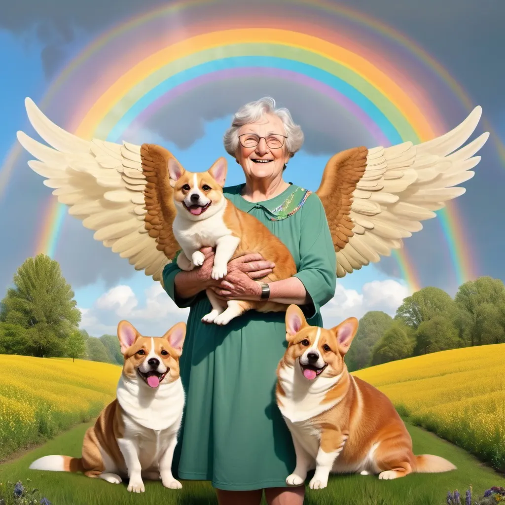 Prompt: a grandma angel with wings 
holding two tabby cats  in her arms and a big chocolate lab dog  at her feet on one side and a golden corgi on the other as they stand in fields of green and a huge rainbow behind her