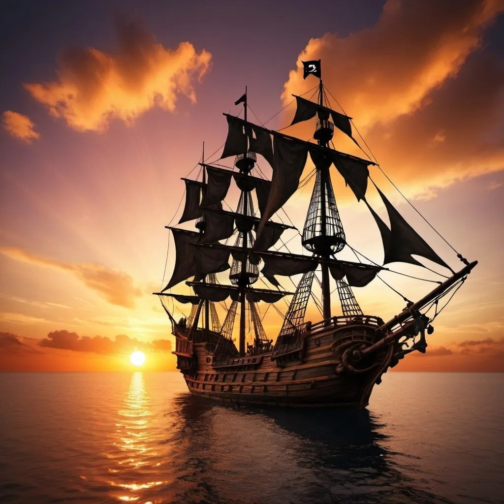 Prompt: a pirate ship sailing into a brilliant sunset