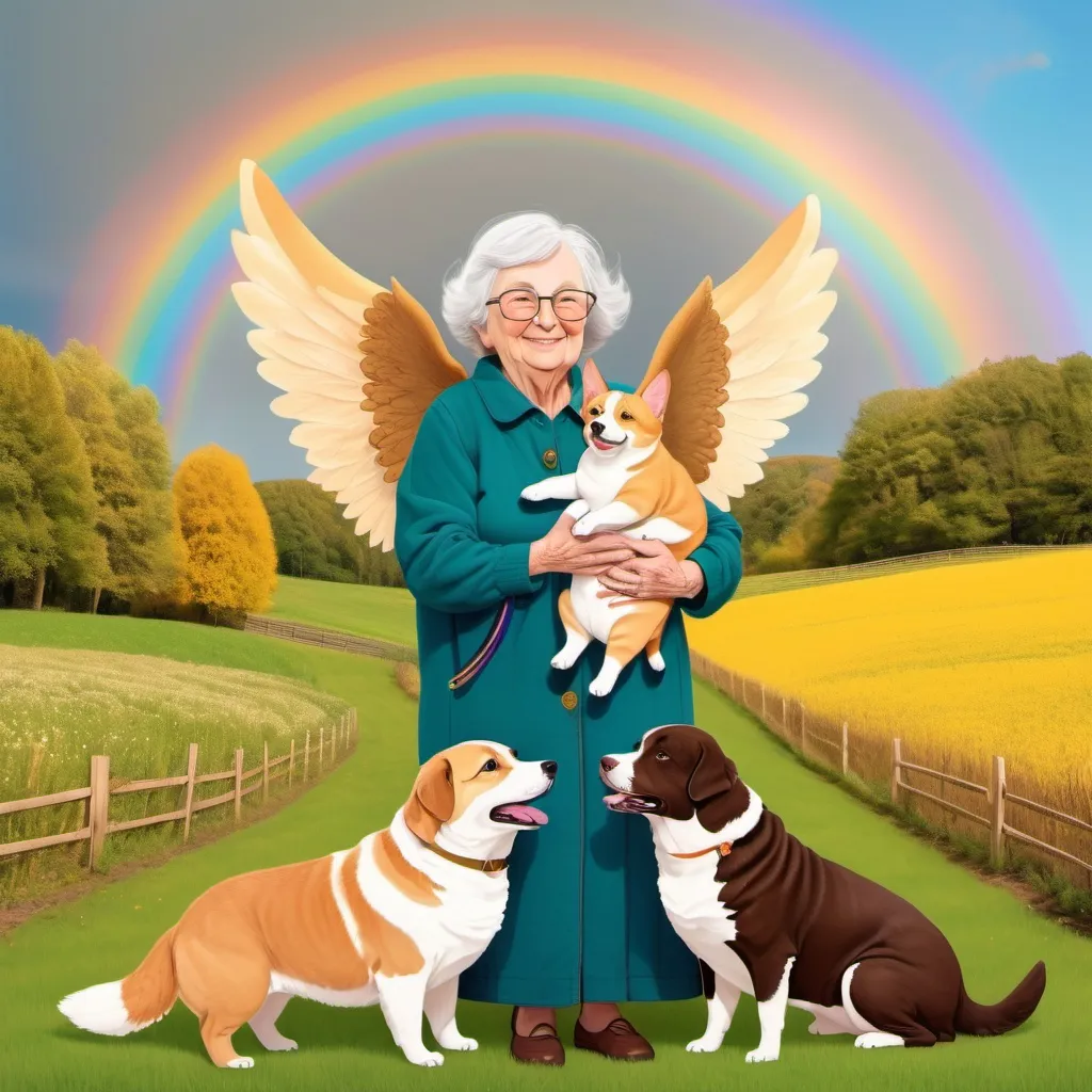 Prompt: a grandma angel holding two tabby cats  in her arms and a big chocolate lab dog  at her feet on one side and a golden corgi on the other as they stand in fields of green and a huge rainbow behind her