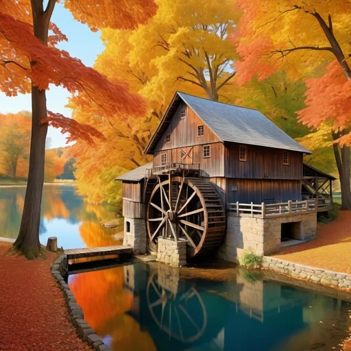 Prompt: An old waterwhhel powered grain mill with a clear blue pond and a huge maple tree with the fiery colors of fall next to it