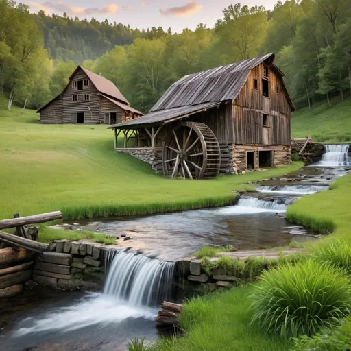 Prompt: a grassy field with a rustic old barn with waterfalls flowing over a water wheel and an old log cabin on the other side of the creek 