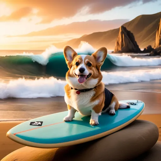 Prompt: A corgi sitting on a surfboard on beautiful ocean with giant waves crashing over huge boulders at sunset