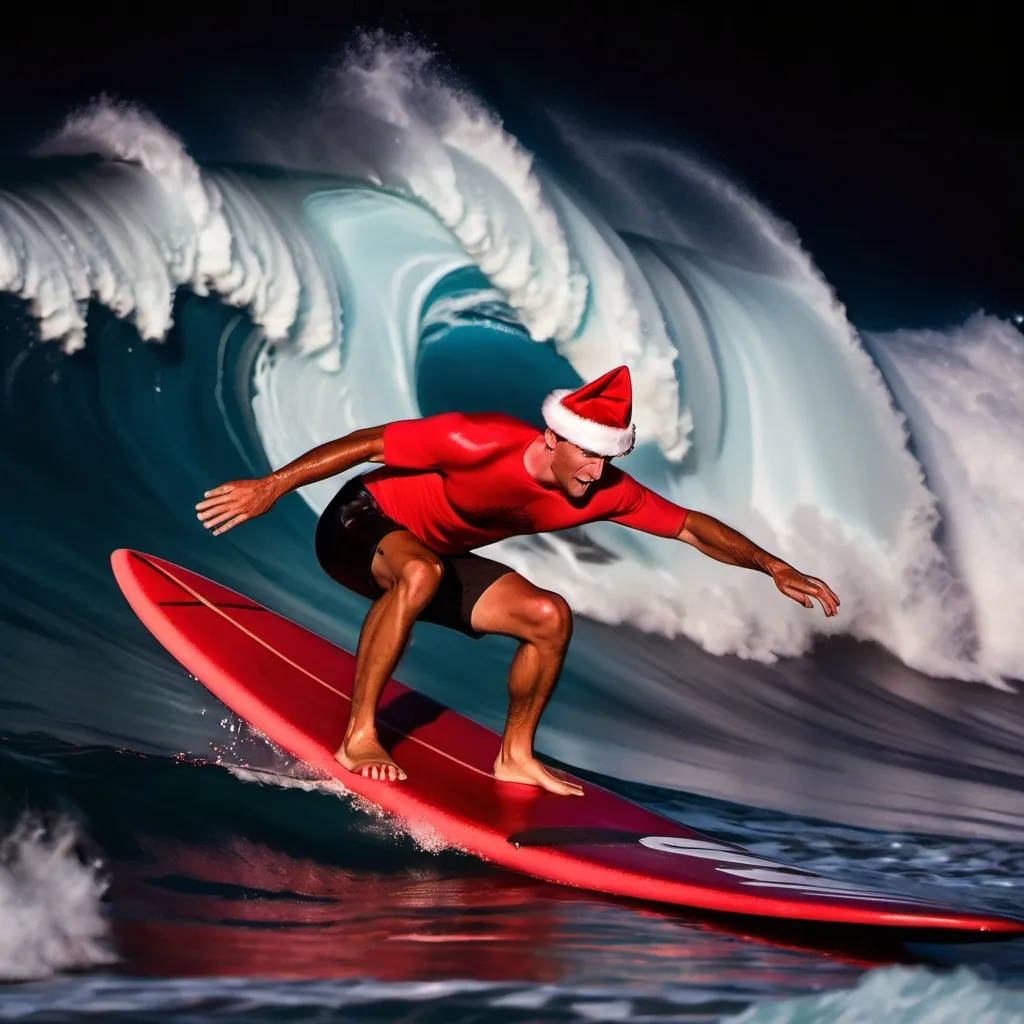 Prompt: A surfer on a red surfboard and a santa outfit on and a large red giftbag om his back riding a huge wave in maui at night