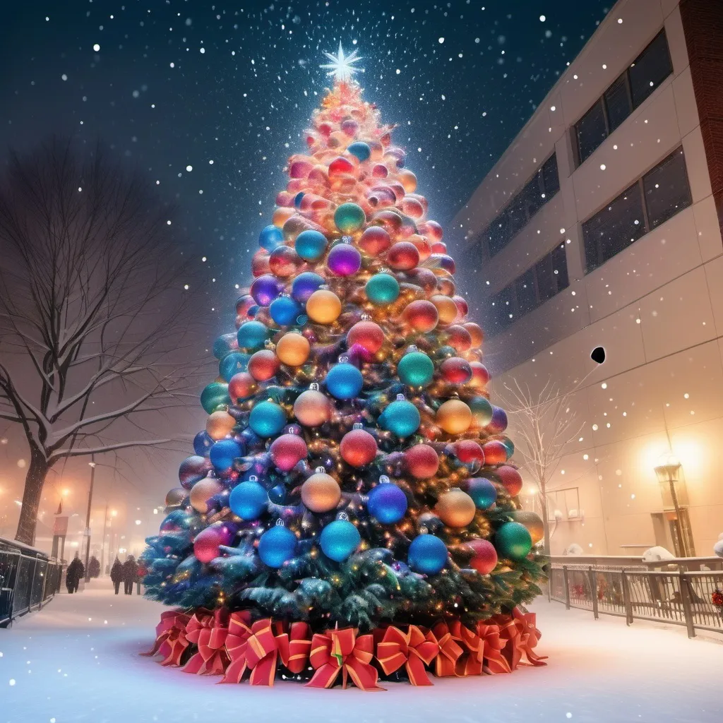 Prompt: a christmas tree covered in twinkling lights and colorful balls vfor christmas in a  blizzard