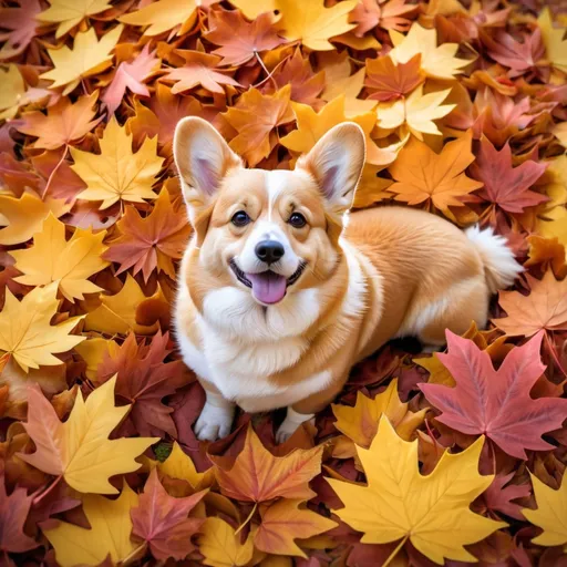 Prompt: a golden corgi sitting in a big pile of autumn maple leaves